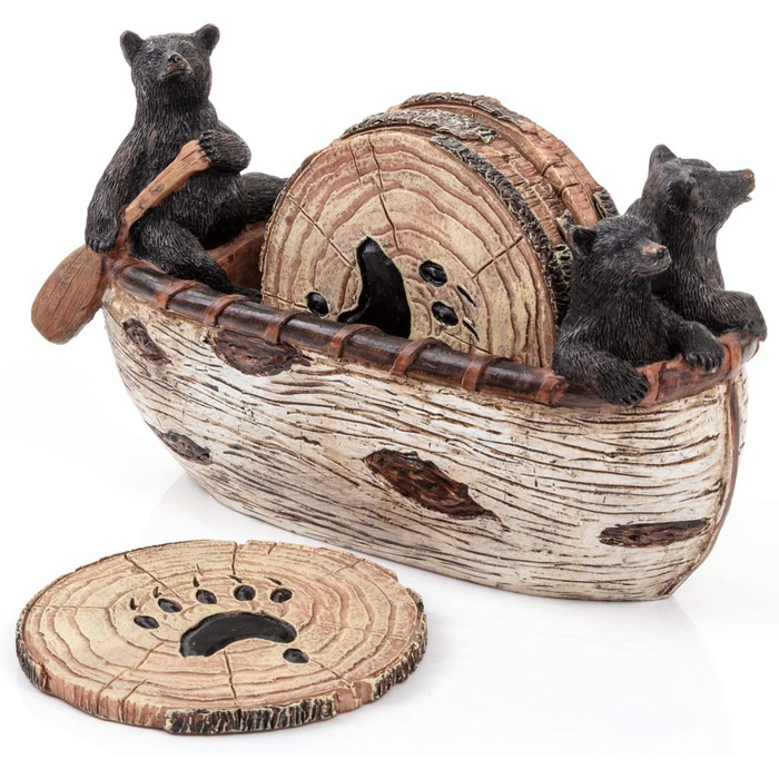 Bear Coasters Set of 6 Rustic Full Size Coasters in Handmade Canoe with Adorable Black Bear Figurines