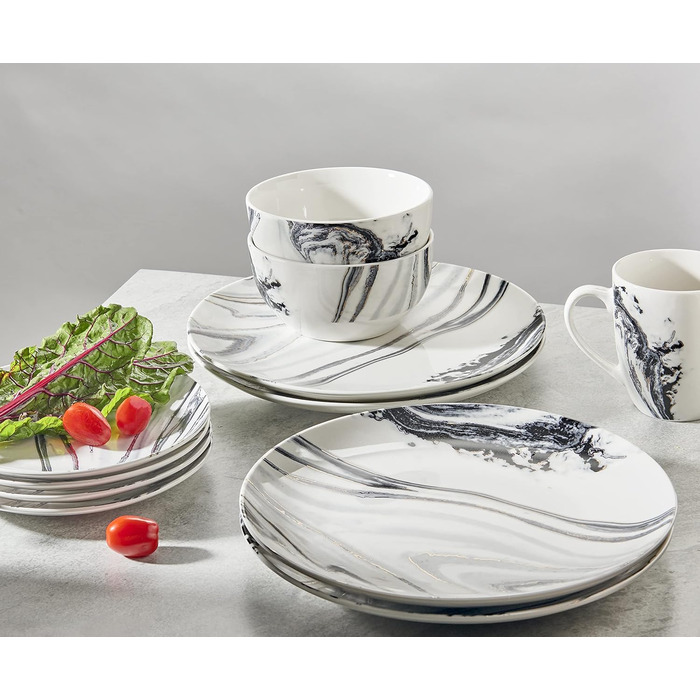 Набір посуду American Atelier Marble Coupe 16 предметів - порцеляновий сервіз для вечері, білий/чорний