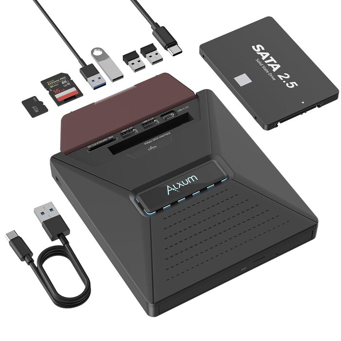Зовнішній DVD/CD привід Alxum USB-C 3.0 для ноутбука з картридером SD/TF та додатковим USB-портом, Plug & Play для Windows, Linux, Mac OS