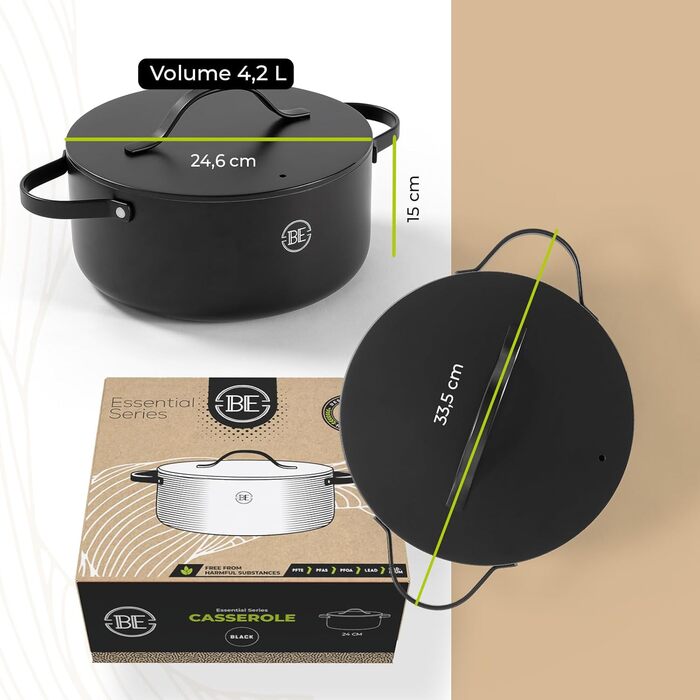 Каструля Be Living Essential з кришкою, 24 см, 4 л, антипригарне покриття Keramik Antihaft, для індукційних плит, без PTFE та PFOA, чорна