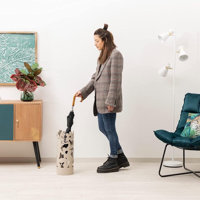 Підставка для парасольки Baroni Home: сучасний дизайн, метал, квіти, 2 гачки, знімний контейнер, 19x19x49 см (білий, тауп)