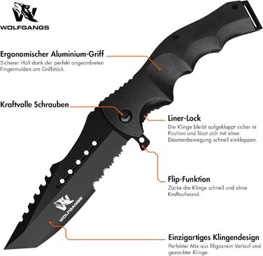 Wolfgang's UNDIQUE One-Handed Folding Knife made from fine 440C steel - One-Handed knife with leather holster - Outdoor knife with multi-functional blade - Strong survival - Hunting knife Bushcraft One-Handed Folding Knife FullBlack