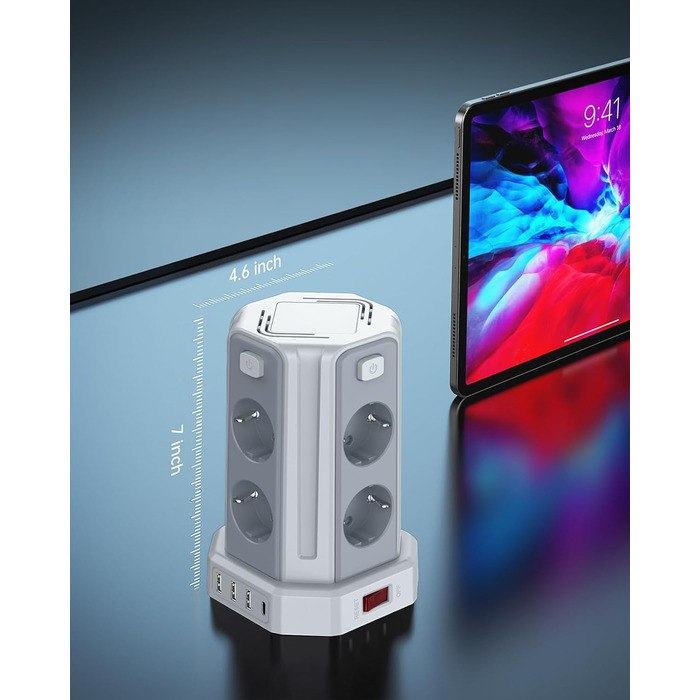 Многорозеткова мережева панель Sameriver з 4 USB, захист від перенапруги, з вимикачем, 8 розеток, 5 м, біла