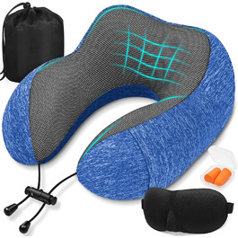 Подушка для шиї у літак - туристична подушка з Memory Foam - портативна подушка для подорожей - з 3D-маскою для сну та берушами - ідеальна для літака, авто, дому, офісу, подушка для сну (Блакитна)
