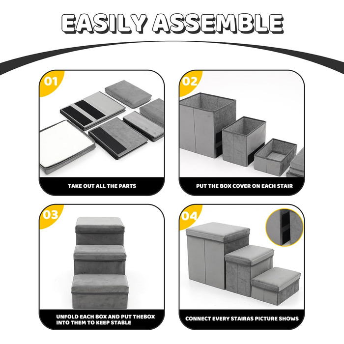 Сходинки для собак на 3 сходинки, 44 см, з місцем для зберігання. Підходить для маленьких собак та котів, зручні для літніх тварин (сірий)
