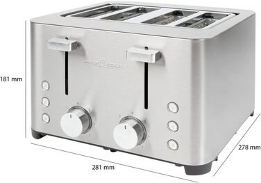 ProfiCook® Toaster | 4-Slice Toaster | Stainless Steel Housing | 1500 Watts | Wide Slot | Bagel Attachment (removable) | 7 Adjustable Browning Levels | Crumb Tray | Cord Retraction | PC-TA 1252 PC-TA 1252 inox