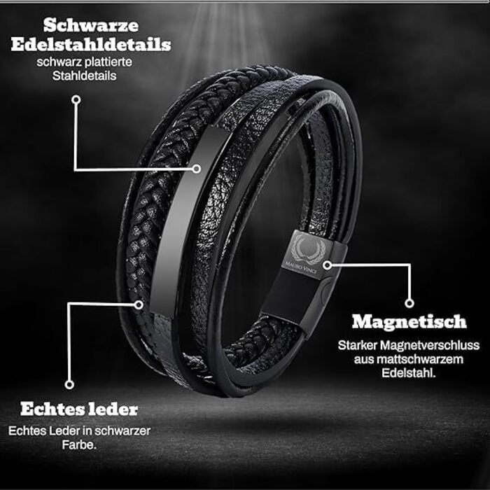 Чоловічий шкіряний браслет Lederarmband Schwarz з магнітним застібкою, регульований (19.5-23 см)