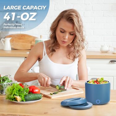 Електрична ланчбокс 80W для дорослих з термоізоляцією, нержавіюча сталь, набір виделки та ложки, 2 контейнери по 1.5л, 3-в-1, 12/24/110~230V, витокозахисний, для авто, вантажівки, офісу (блакитний 1.2л, євро-штекер)