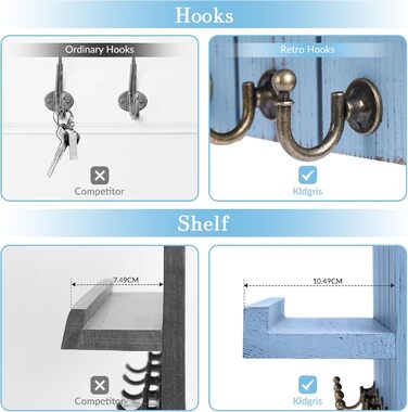 Дерев'яне ключниця з поличкою, 5 гачків, для прихожої, спальні, вітальні (Блакитний)