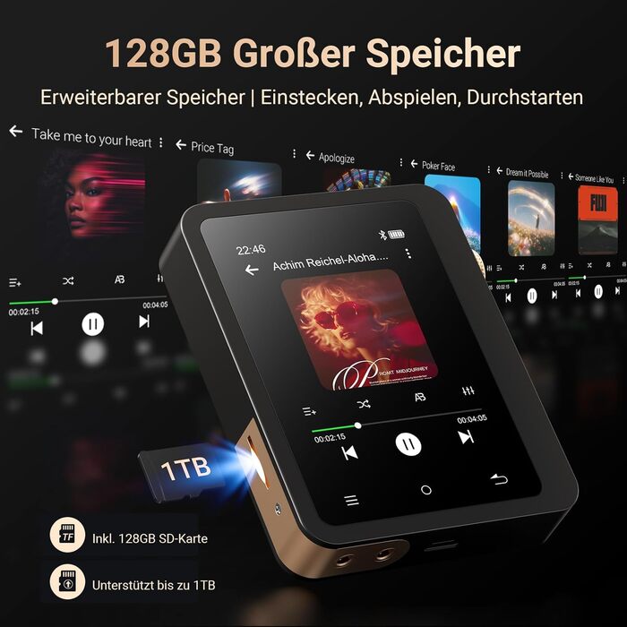 MP3 плеєр Mechen 128GB Hi-Res Bluetooth 5.3 з FLAC, DSD DAC, USB-C, сенсорний екран, шкіряний чохол (M33)