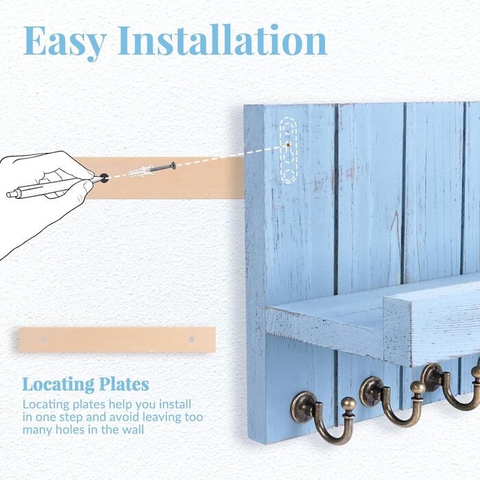 Дерев'яне ключниця з поличкою, 5 гачків, для прихожої, спальні, вітальні (Блакитний)