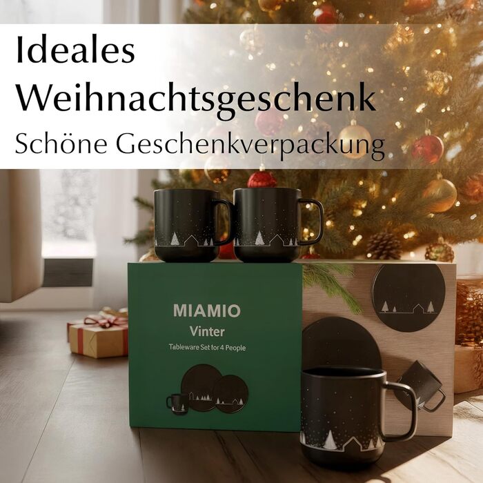 Набір чашок Miamio на Новий Рік, 4 шт, 500 мл, чорні / Кавові чашки для святкування, мінімалістичний зимовий дизайн, подарунок на Новий Рік, безпечні для миття в посудомийній машині та використання в мікрохвильовій печі – Зимова колекція