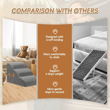 Сходинка для собак та котів ROMROL 3 сходинки - сіра, з неслизьким покриттям, з високощільним пінополіуретаном, для допомоги при входженні на диван та ліжко, захист суглобів