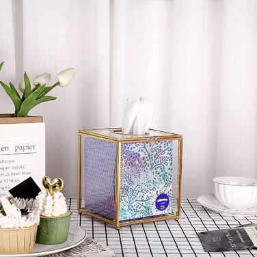 SUMNACON Glass Face Tissue Box Clear Gold Paper Box Holder, Square Napkin Box Storage Tissue Paper Box Organizer, Decorative Cube Tissue Box for Face Tissues, Napkin