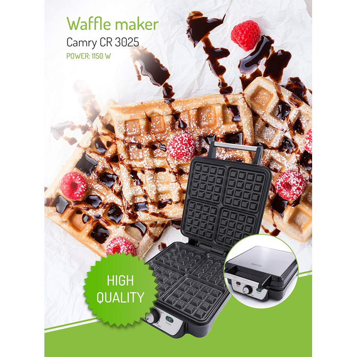 Adler Camry 4-Waffle Maker - 1500W Power, Adjustable Temperature, Black & Silver