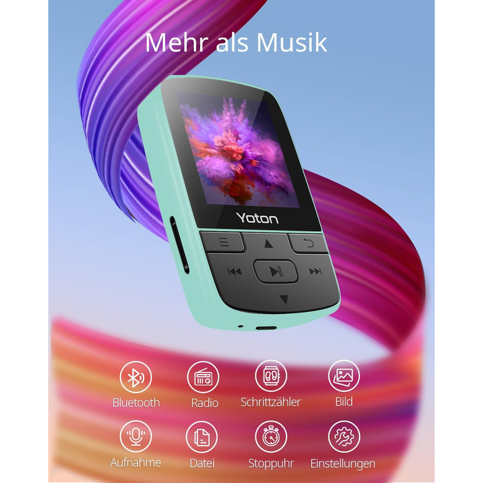 MP3-плеєр YOTON з Bluetooth 5.2, Hi-Fi звук, FM-радіо, диктофон, регулятор гучності, навушники, підтримка SD до 128 ГБ (М'ятний)