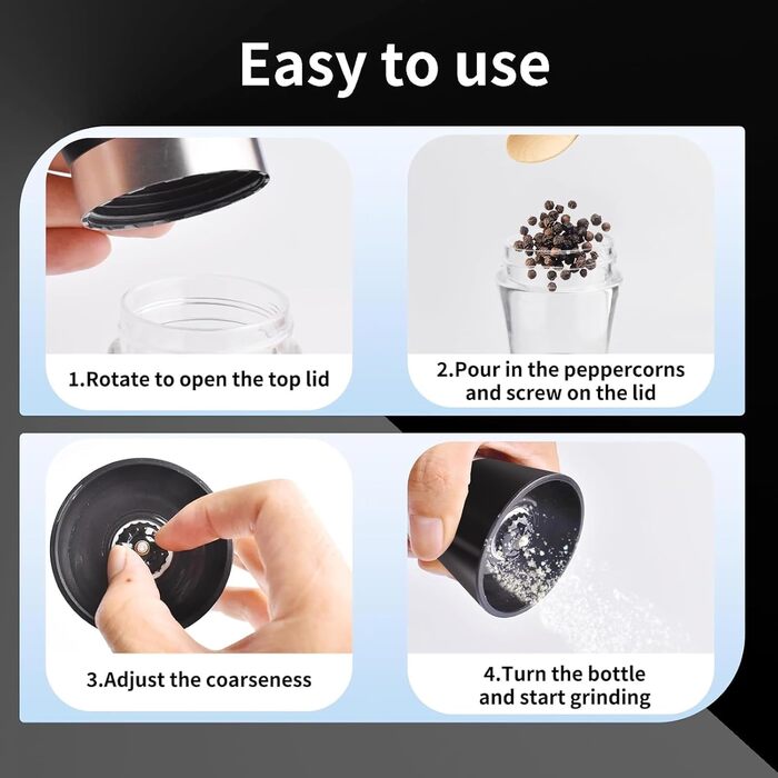 Мельниця для солі та перцю 2-в-1 Cyiecw, ручна, з регулюванням, нержавіюча сталь, для перцю та солі (чорна)