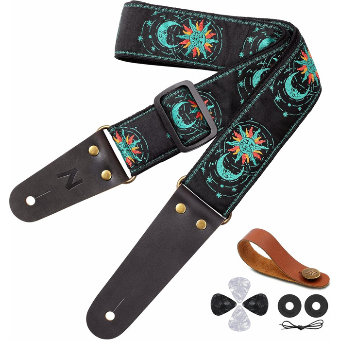 Гітарний ремінь Nefelibata, вишитий бавовняний ремінь з шкіряними кінцями, для бас-гітари, електро- та акустичної гітари, безкоштовний фіксатор, 1 пара замків, 4 шт. (Зелене сонце та місяць)