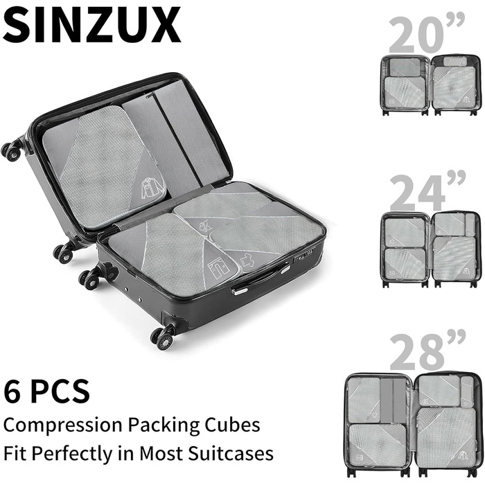 Органайзер для валізи, набір 6 шт. Компресійні куби для пакування, органайзер для подорожей, сірий