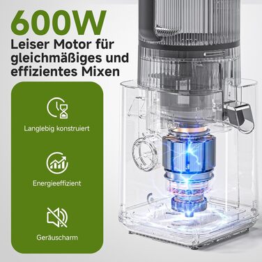 Шнекова соковижималка AMZCHEF 600W з широким завантажувальним отвором 155 мм, матово-чорна