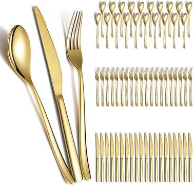 Berglander Gold Wedding Cutlery Set 60pcs Service for 20, Titanium Coated Stainless Steel Cutlery Set, Gold Spoon Fork Knife Set for Home, Wedding, Restaurant, Dishwasher Safe