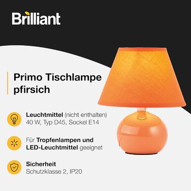 BRILLIANT Primo – стильна настільна лампа з тканинним абажуром, оранжевого кольору, для спальні, вітальні та приліжкового столика, цоколь E14
