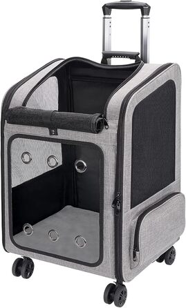 Транспортна переноска для собак та котів великого розміру з колесами, сірого кольору. Рюкзак-переноска для собак до 15 кг з прозорим вікном.
