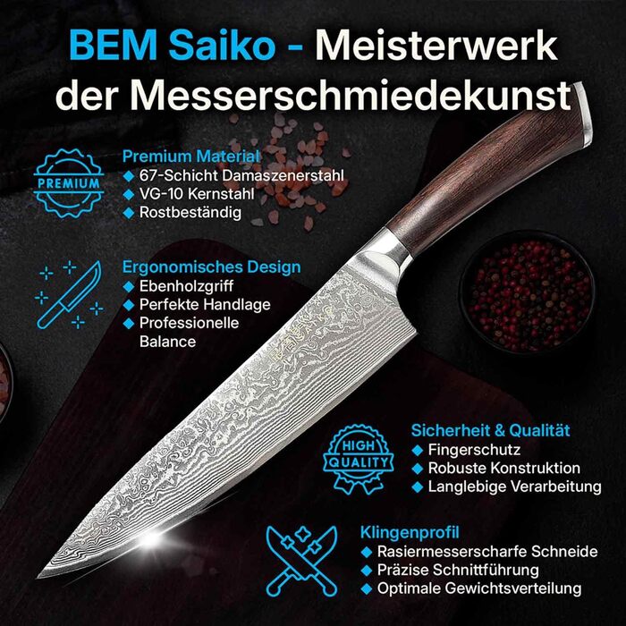 Набір кухонних ножів BEM Master Chef 6 шт. з підставкою: кухонний, овочевий, хлібний, універсальний ножі + точилка (дамаст)