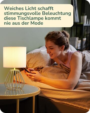 EDISHINE Настільна лампа, сучасний індустріальний дизайн, цоколь E14, вінтажна, для спальні та вітальні, бежево-чорна (кремово-білий плісе + золото)