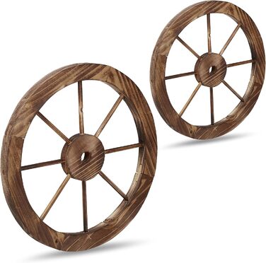 Relaxdays Wooden Wagon Wheel, 2-Piece Set, Decoration for Garden, Terrace, Veranda, Rustic Spoke Wheel, Saloon, Western, Brown
