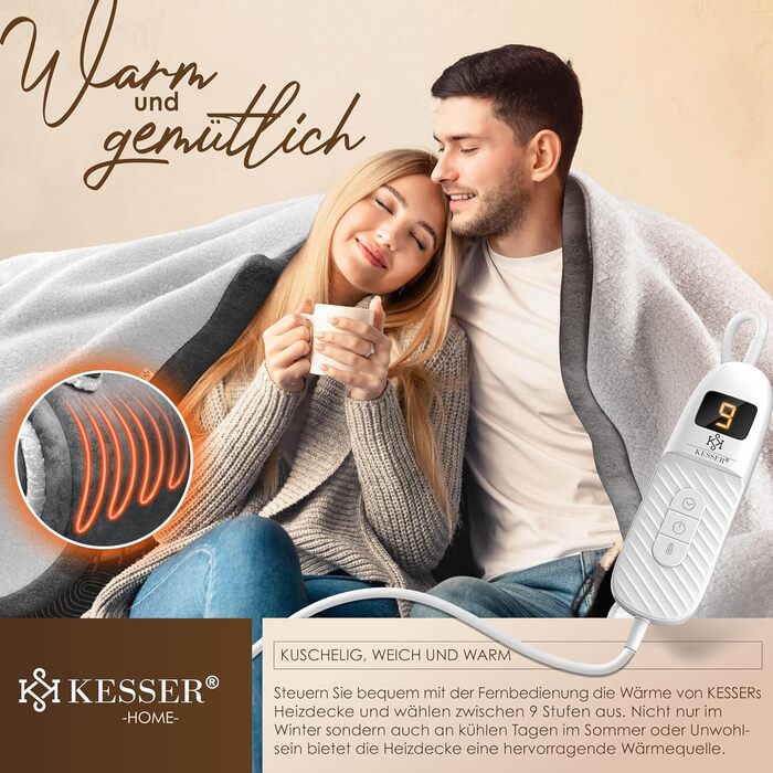 Електрична грілка KESSER® 200x180 см з автовимкненням | 9 температурних режимів | Зручна та тепла | Для ліжка та дивану | Можливість прання до 40°C | з таймером та цифровим дисплеєм | Антрацит
