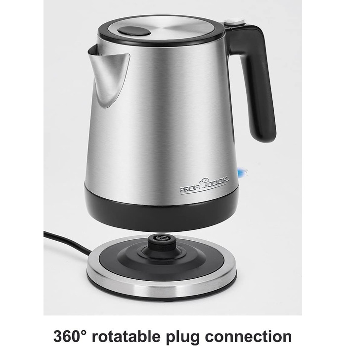 Електричний чайник ProfiCook PC WK 1290, 1.5 л, 2200 Вт, нержавіюча сталь, чорний, з подвійними стінками, збірна база з обмоткою кабелю