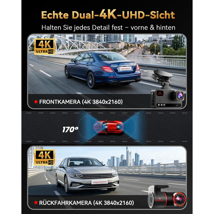 Автомобільний відеореєстратор 4K+4K з передньою та задньою камерою, 128GB карта пам'яті, 5.8GHz WiFi, 3