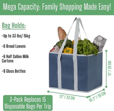 23.5 Liter Large Collapsible Shopping Bag, Folding Boxes with Reinforced Bottom, Reusable Shopping Bags, Holds Up To 15 kg Shopping Bag (3-Pack) (Dark Blue)