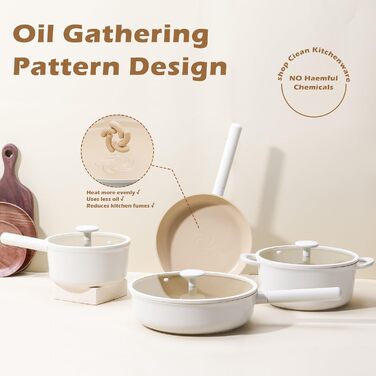 Набір посуду JEETEE 17 предметів з антипригарним покриттям Ceramic, знімні ручки, каструлі 16/20/24 см, сковороди 24/28 см, глибока сковорода 28 см, для всіх типів плит, сумісний з духовкою, бежевий