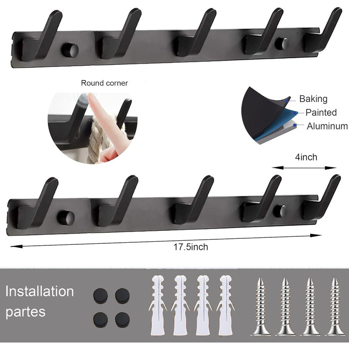 Coat Hooks, Wall Mount, Wall Coat Hooks, 5 Hooks, Black, Closet Hooks, Hat Shelf, Key Hooks for Wall, Jacket Holder Wall, Entryway Hooks Wall Mount, Clothes Rail (2 pieces)