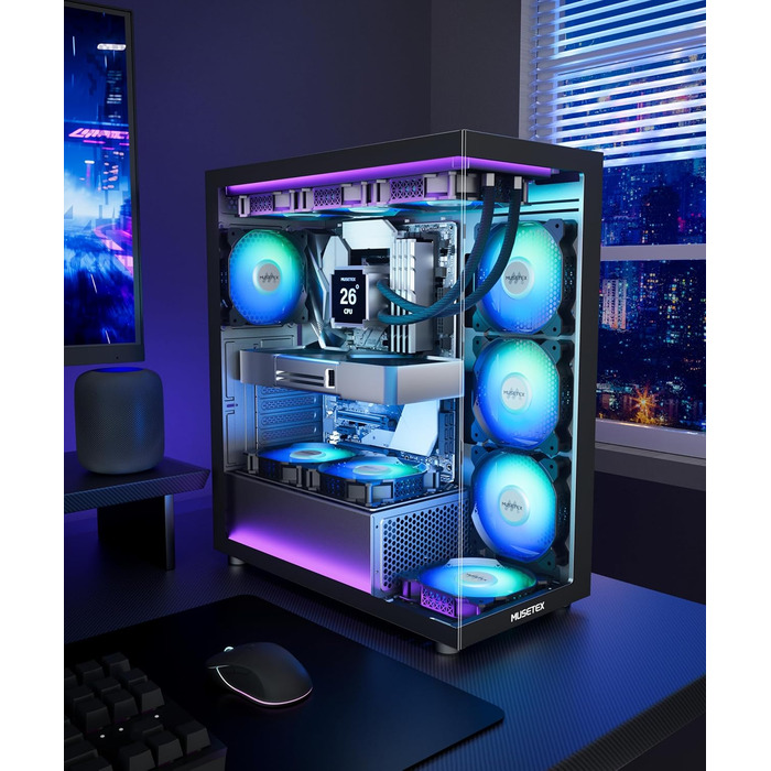 Корпус ПК MUSETEX K2: Mid Tower ATX з 7 PWM ARGB вентиляторами, подвійне панорамне скло, Type-C, чорний (42,5 x 21,2 x 47 см)