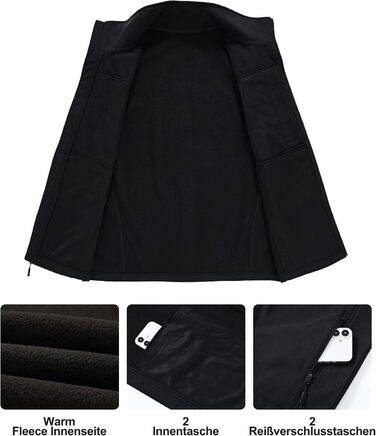 Чоловіча куртка Weste Outdoor з софтшелла, водонепроникна та вітронепроникна, з флісовою підкладкою, для хайкінгу та активного відпочинку (S, Чорний)