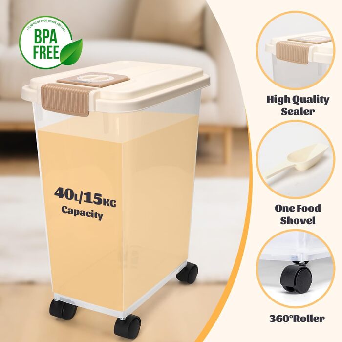 Контейнер для корму для собак та котів Nobleza, 40л, з датою виробництва, з роликами, повітряний, прозорий