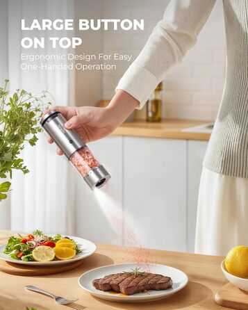 Sangcon Electric Salt and Pepper Grinder Set, 2 Speeds Rechargeable, 6 Externally Adjustable Grind Settings, Automatic Salt and Pepper Grinder Set with Storage Base, One-Hand Operation