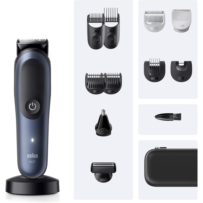 Braun Series 7 All-in-One AIO7545: Триммер для бороди, носа, волосся (13 в 1), сірий. Акумулятор 120 хв, 14 насадок (0.1-21 мм), водонепроникний