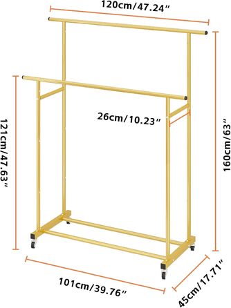 Clothes rack with double bar, rolling clothes rack, portable clothes rack for bedroom, living room, clothing store, gold