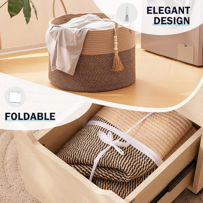 YOUDENOVA Woven Laundry Basket Large 65L Basket Storage Basket Blanket Toy Basket for Living Room Children's Room Storage Basket Laundry Collector 50x33 (Jute & Black, 50cm(D) x 33cm(H))