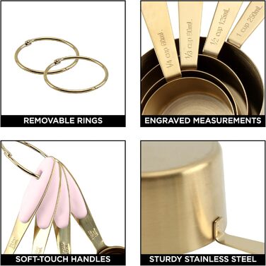 Cook with Color 8-Piece Gold Stainless Steel Measuring Cups and Spoons Set with Soft Silicone Handles, Nesting Liquid or Dry Measuring Cups