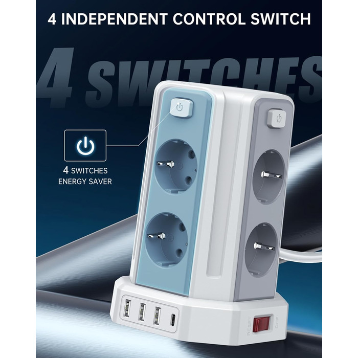 Мережевий фільтр Sameriver з 4 USB, 8 розеток, захистом від перенапруги, з вимикачем, 2м, білий