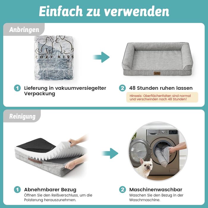 Ортопедичне ліжко для собак середнього розміру COZY KISS з знімним, пральним чохлом. Підтримує хребет, водонепроникні бортики та протиковзна основа. Розмір: 91x69x16 см, колір: сріблясто-сірий