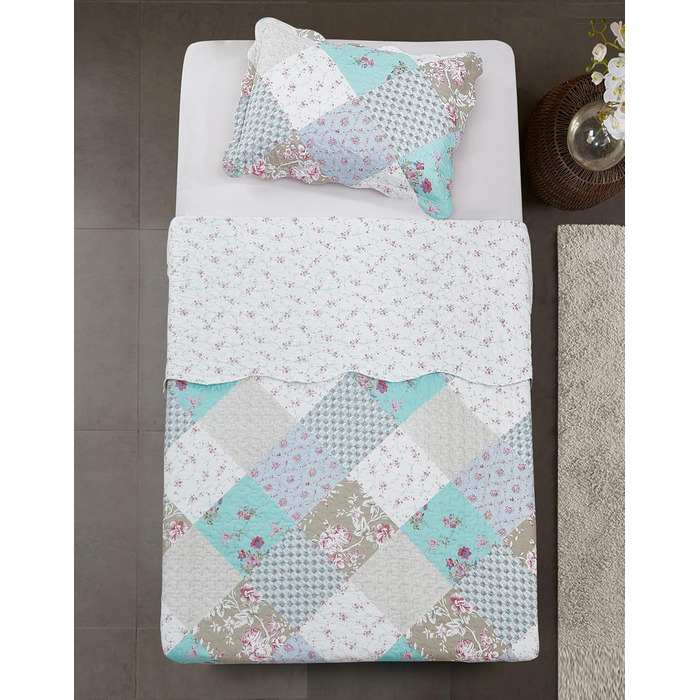 Набір постільної білизни Brilliant Sunshine Grey Heart Love Patchwork: ковдра та наволочка, двоспальне ліжко, блакитно-зелений, стегане покривало