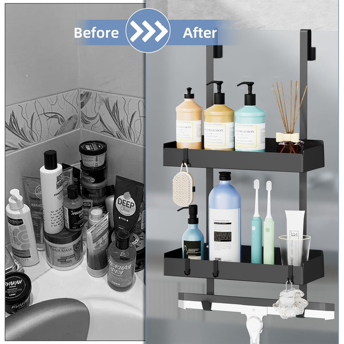 Підставка для душу настінна, полиця для душу з кріпленням для скляних душових кабін, тримач для шампуню в душ, корзина для душу без свердління, чорна з 8 гачками, нержавіюча сталь 65.5x30x11.2 см