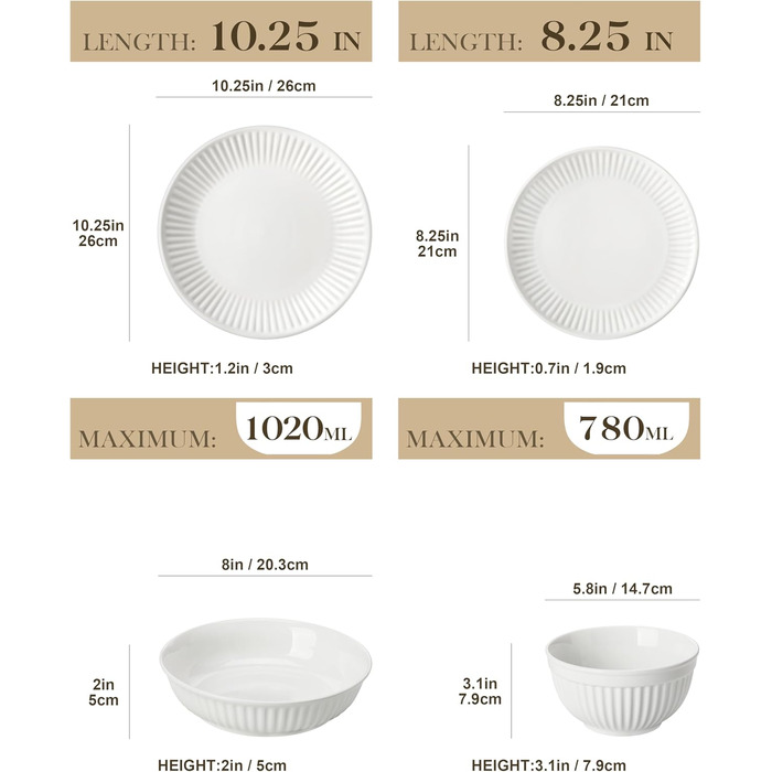 MALACASA LEILA Набір посуду на 6 осіб, 24 елементи: тарілки, миски, порцеляна, ручна робота, для мікрохвильовки та посудомийної машини, білий