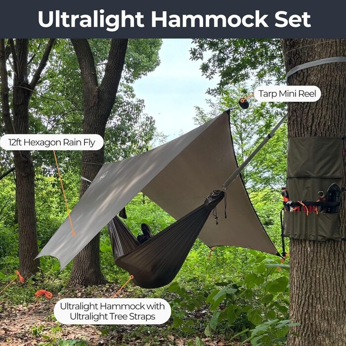 onewind Lightweight Camping Hammock for Backpackers, Portable, Compact, Ideal for Hiking, Camping, and Travel (Od Green-11' With 12' Hexagon Tarp, 11' with 12' Tarp)